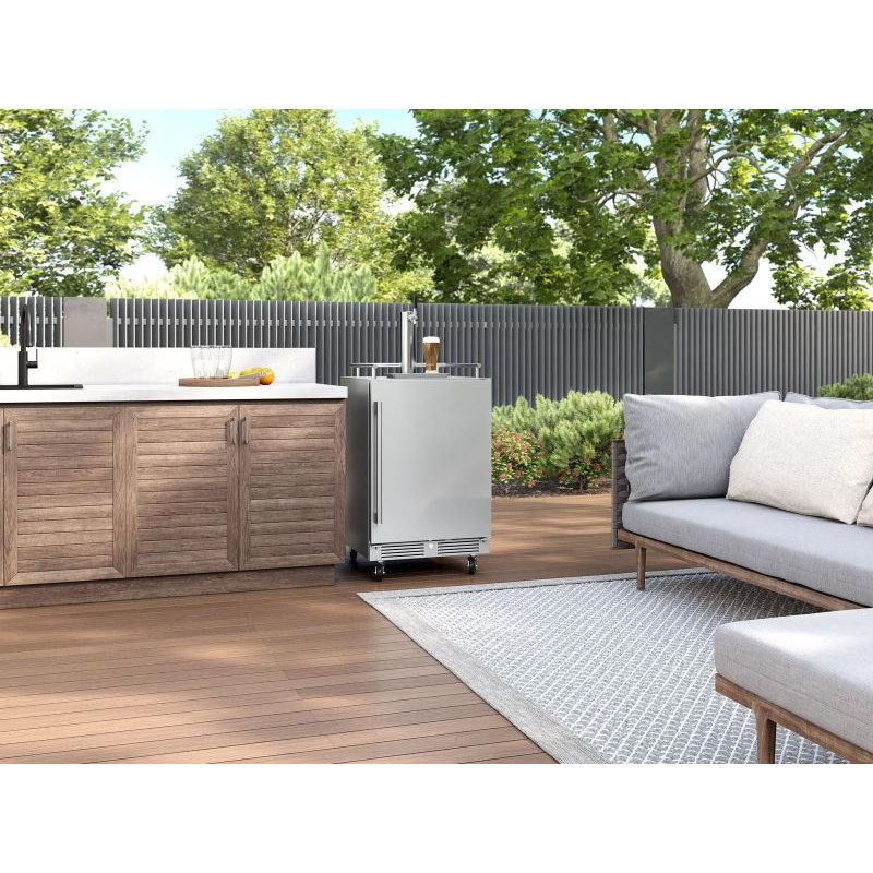 Zephyr Presrv outdoor kegerator standing freestanding on casters on a wood deck with a poured beer on top.