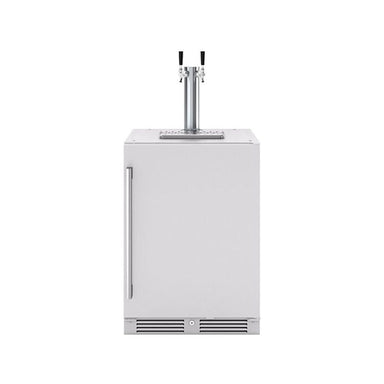 Zephyr Presrv 24-inch outdoor rated kegerator in stainless steel, front view with a multi faucet stainless tap tower installed.