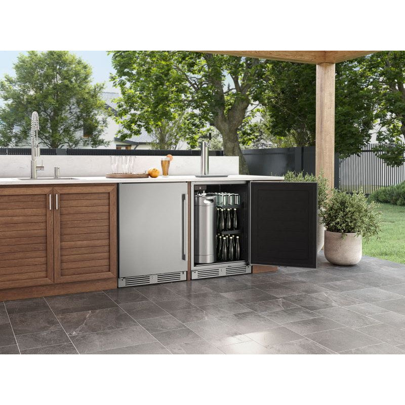 Zephyr Presrv outdoor kegerator built into a wood outdoor kitchen island with the door open showing the keg and bottle storage.