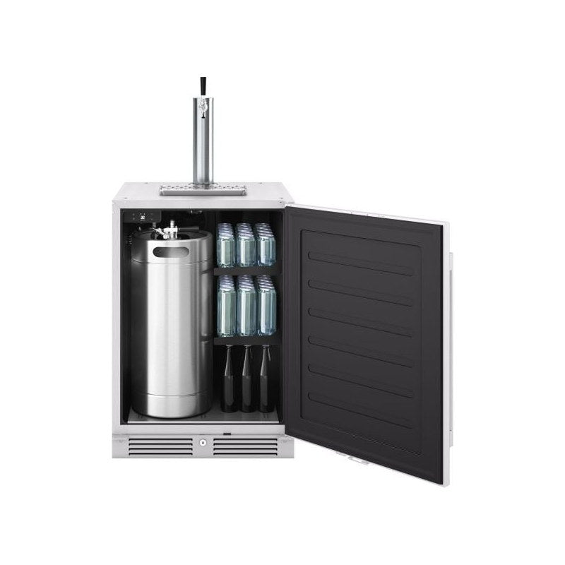 Zephyr Presrv single tap kegerator with the door open, one keg and bottles stored on the side shelving.