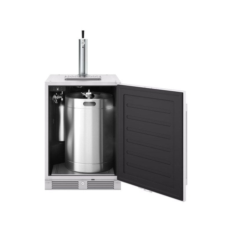 Zephyr Presrv outdoor kegerator with the door open, single tap tower and one half barrel keg installed.