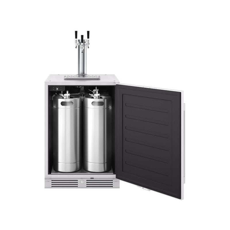 Zephyr Presrv outdoor kegerator with the door open, three faucet tap tower and slim kegs installed.