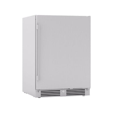 Zephyr Presrv 24-inch outdoor rated compact refrigerator in stainless steel, angled front view showing the door and ventilated kickplate.