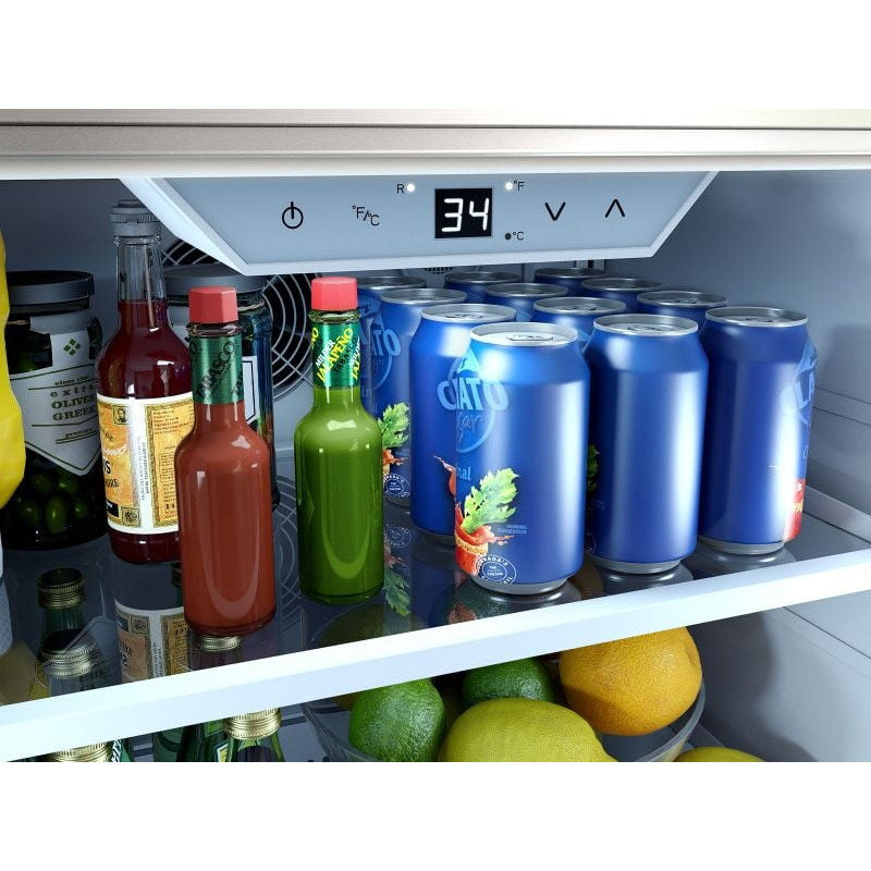 Zephyr Presrv outdoor refrigerator capacitive touch control panel reading 34 degrees Fahrenheit above a shelf of chilled cans.