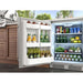 Zephyr Presrv 24-inch outdoor refrigerator in wood outdoor cabinetry with the door open and shelves stocked.
