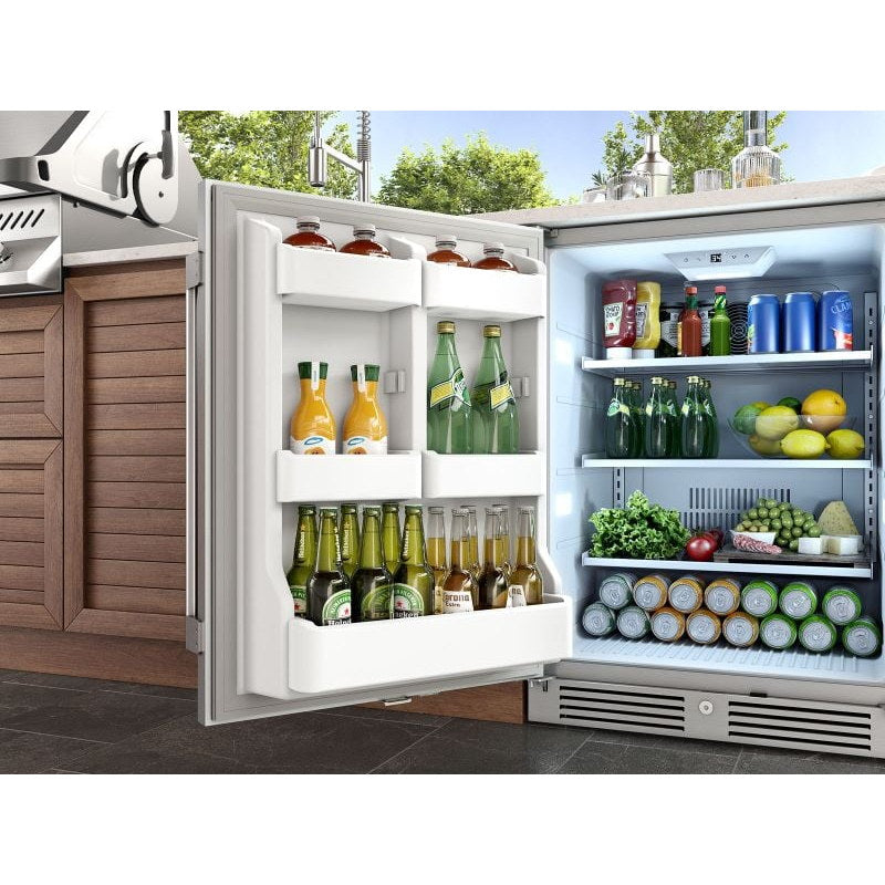 Zephyr Presrv 24-inch outdoor refrigerator in wood outdoor cabinetry with the door open and shelves stocked.