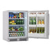 Zephyr Presrv 24-inch outdoor refrigerator with the door open, three glass shelves and five in-door shelves stocked with drinks and produce.