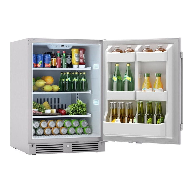 Zephyr Presrv 24-inch outdoor refrigerator with the door open, three glass shelves and five in-door shelves stocked with drinks and produce.