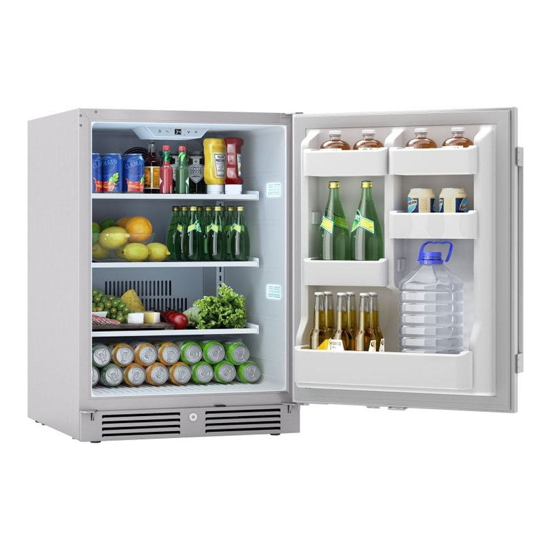 Zephyr Presrv 24-inch outdoor refrigerator door shelving holding a gallon jug, showing large-format in-door storage.