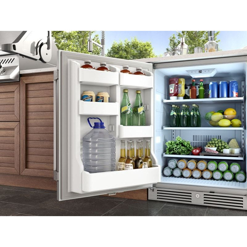 Zephyr Presrv 24-inch outdoor refrigerator installed in outdoor cabinetry with a gallon jug held in the lower door bin.