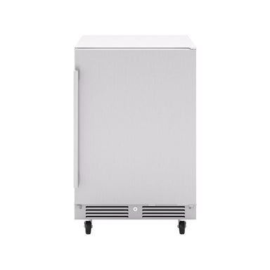 Zephyr Presrv 24-inch outdoor refrigerator shown on the optional PRCAST-C001 caster set for freestanding installation.