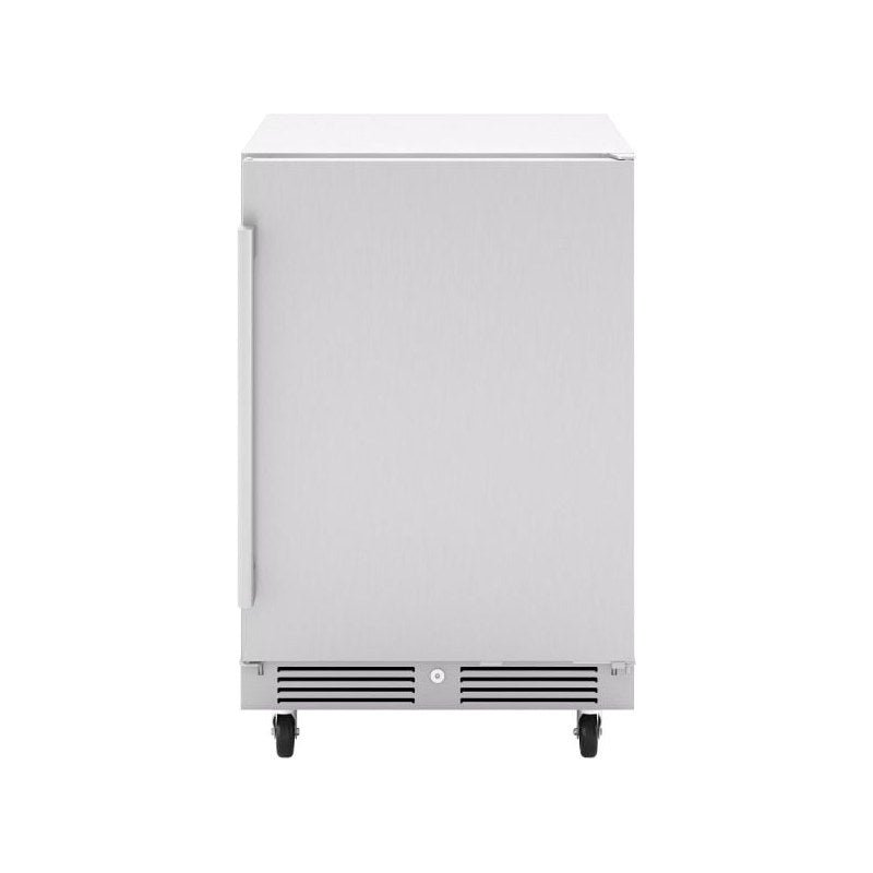Zephyr Presrv 24-inch outdoor refrigerator shown on the optional PRCAST-C001 caster set for freestanding installation.