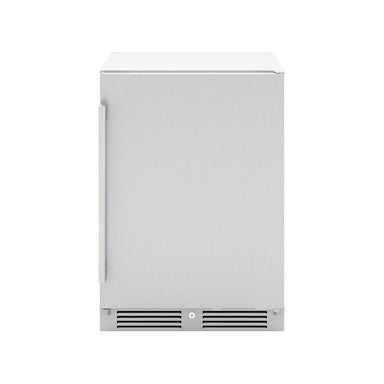 Zephyr Presrv 24-inch outdoor rated compact refrigerator in stainless steel, front view with the solid locking door closed.