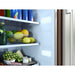Close-up of the Zephyr Presrv outdoor refrigerator interior showing produce and bottles on an LED lit glass shelf.