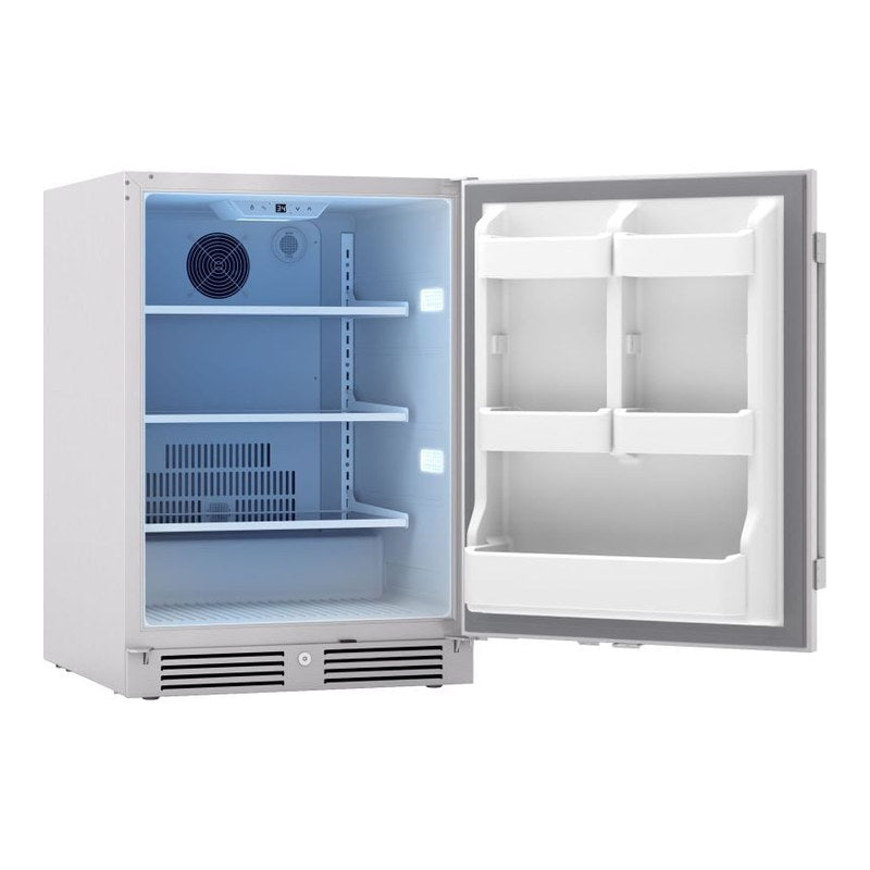 Zephyr Presrv 24-inch outdoor refrigerator with empty white interior, showing adjustable glass shelves, LED lighting and circulation fan.