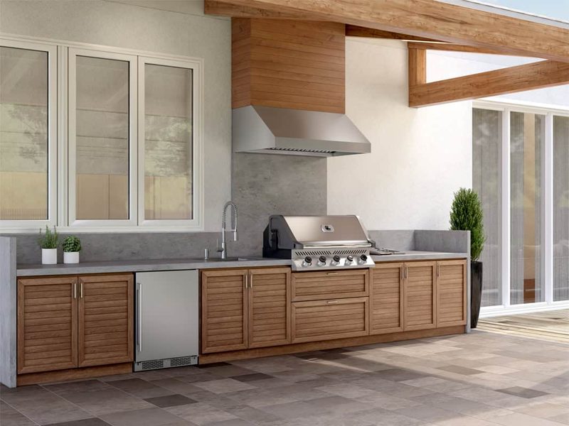 Zephyr Cypress 54-Inch Outdoor Wall Mount Range Hood Installed in Outdoor Kitchen without Duct Cover