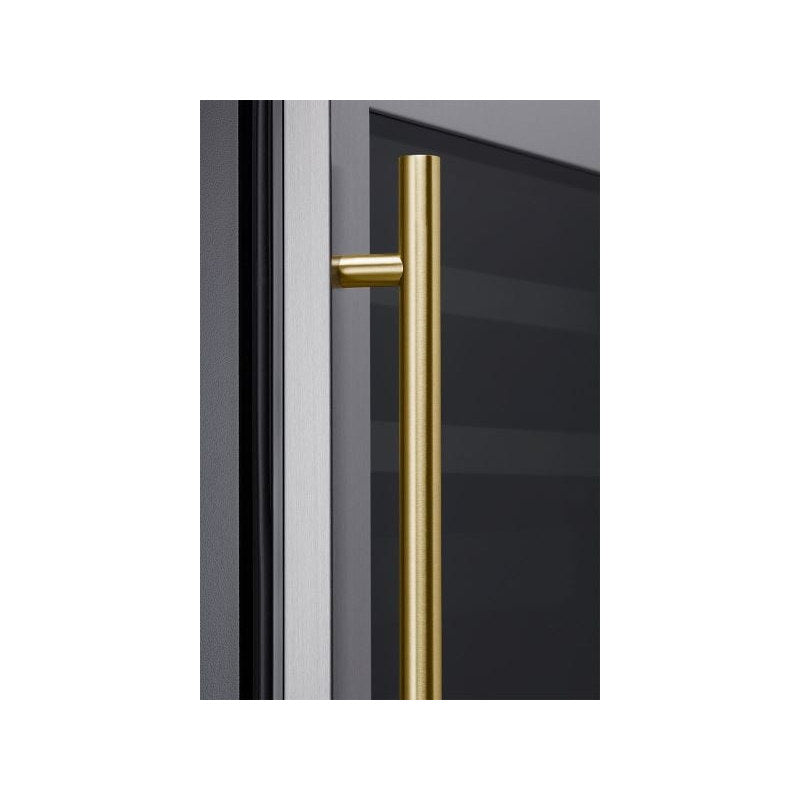 Zephyr Presrv PRHAN-C102 contemporary handle kit in brushed gold, shown installed on a Presrv glass door cabinet.