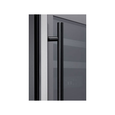 Zephyr Presrv PRHAN-C104 contemporary handle kit in matte black, shown installed on a Presrv glass door cabinet.