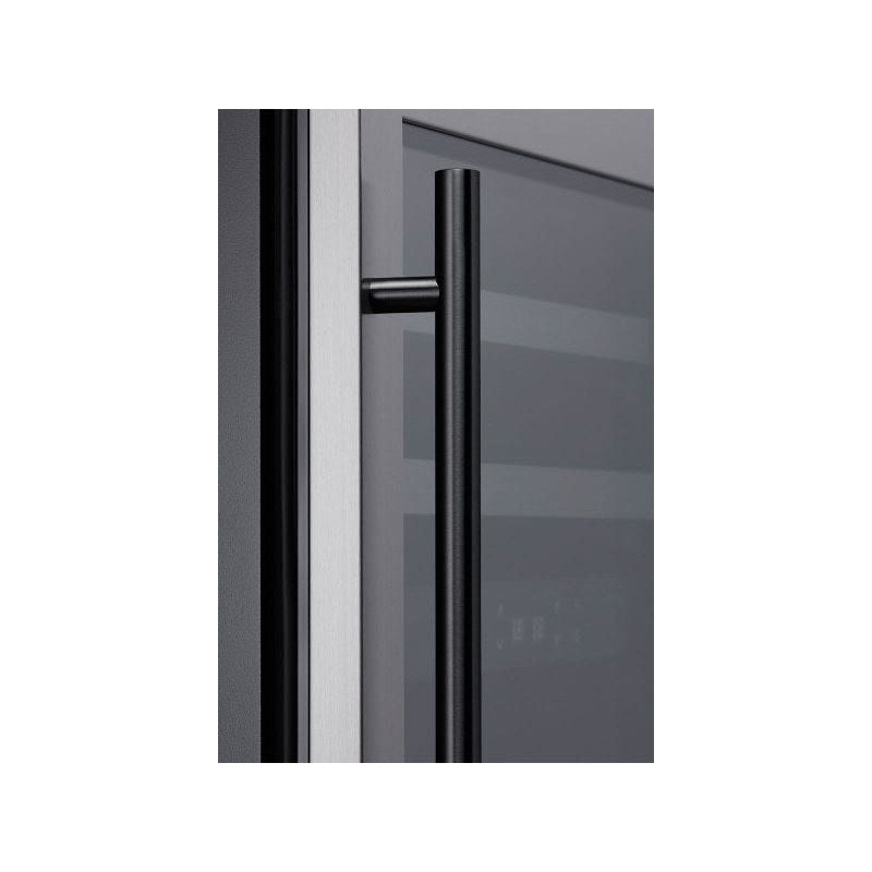 Zephyr Presrv PRHAN-C104 contemporary handle kit in matte black, shown installed on a Presrv glass door cabinet.