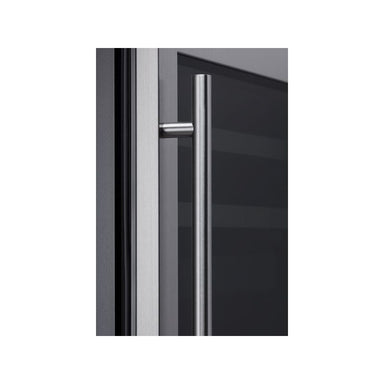 Zephyr Presrv PRHAN-C101 contemporary handle kit in stainless steel, shown installed on a Presrv glass door cabinet.