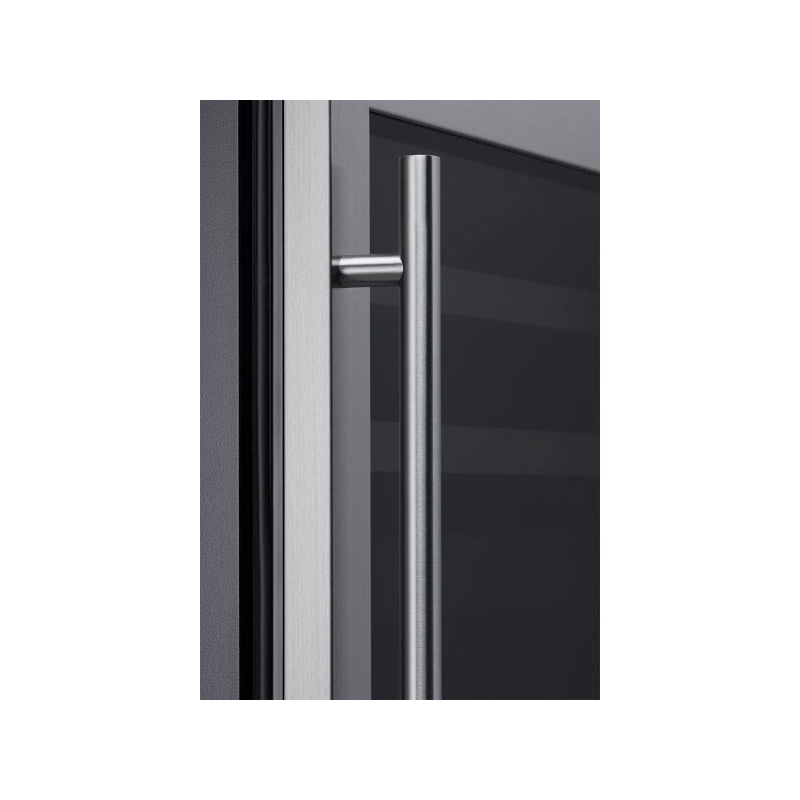 Zephyr Presrv PRHAN-C101 contemporary handle kit in stainless steel, shown installed on a Presrv glass door cabinet.