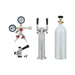 Contents of the Zephyr PRKFK-02SSC double tap kit: dual gauge regulator with two shutoff valves, two D-style couplers, two faucet tower and CO2 tank.