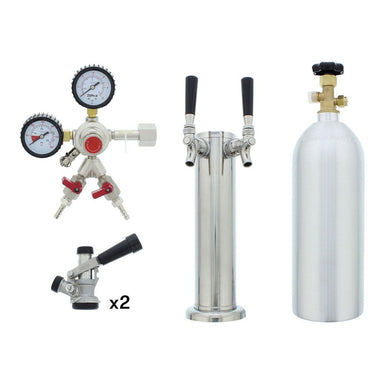 Contents of the Zephyr Presrv PRKFK-02SSC double tap kit: dual gauge CO2 regulator with two shutoff valves, two D-style keg couplers, two faucet tower and CO2 tank.