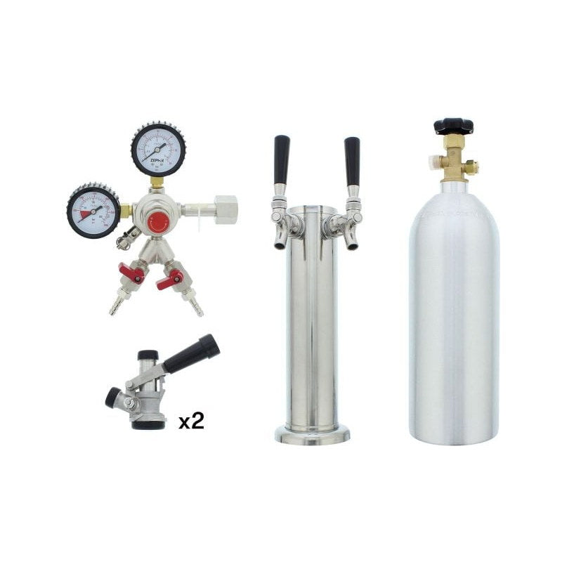 Contents of the Zephyr PRKFK-02SSC double tap kit: dual gauge regulator with two shutoff valves, two D-style couplers, two faucet tower and CO2 tank.
