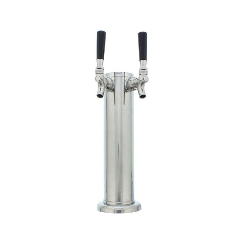 Zephyr PRKFK-02SSC two faucet stainless steel kegerator tap tower with black tap handles on its mounting flange.