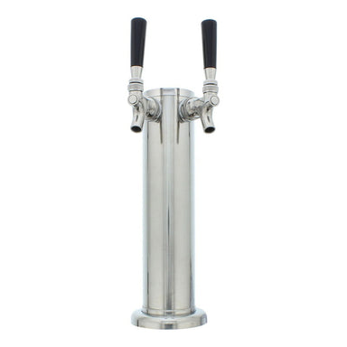 Zephyr Presrv PRKFK-02SSC two faucet stainless steel kegerator tap tower with black tap handles on its mounting flange.