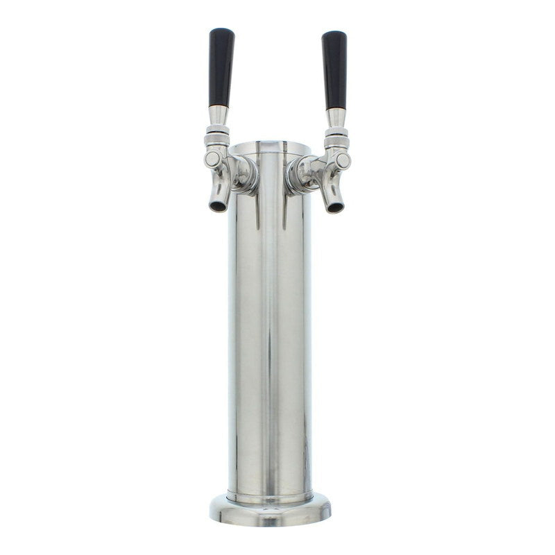 Zephyr Presrv PRKFK-02SSC two faucet stainless steel kegerator tap tower with black tap handles on its mounting flange.