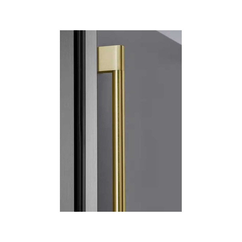 Zephyr Presrv PRHAN-C003 pro handle kit in brushed gold, shown installed on a Presrv cabinet door.
