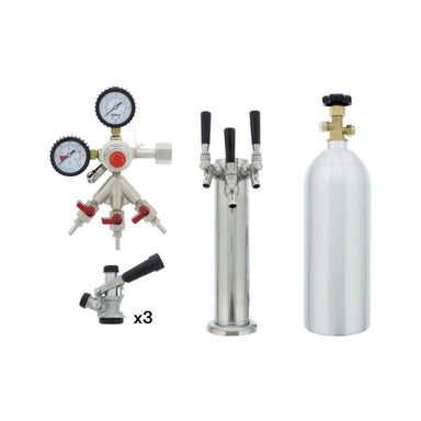 Contents of the Zephyr Presrv PRKFK-03SSC triple tap kit: dual gauge CO2 regulator with three shutoff valves, three D-style keg couplers, three faucet tower and CO2 tank.