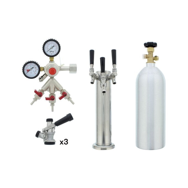 Contents of the Zephyr Presrv PRKFK-03SSC triple tap kit: dual gauge CO2 regulator with three shutoff valves, three D-style keg couplers, three faucet tower and CO2 tank.