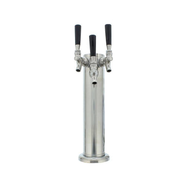 Zephyr Presrv PRKFK-03SSC three faucet stainless steel kegerator tap tower with black tap handles on its mounting flange.
