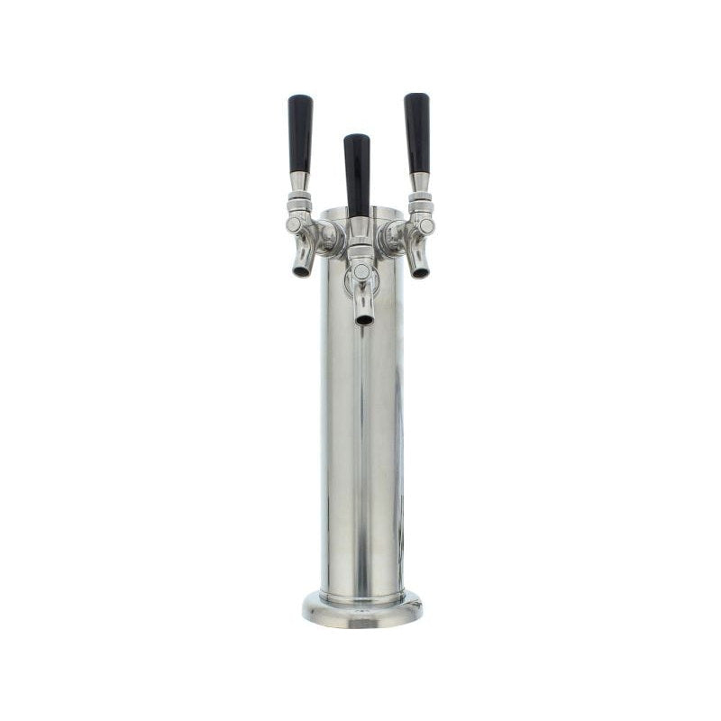 Zephyr Presrv PRKFK-03SSC three faucet stainless steel kegerator tap tower with black tap handles on its mounting flange.