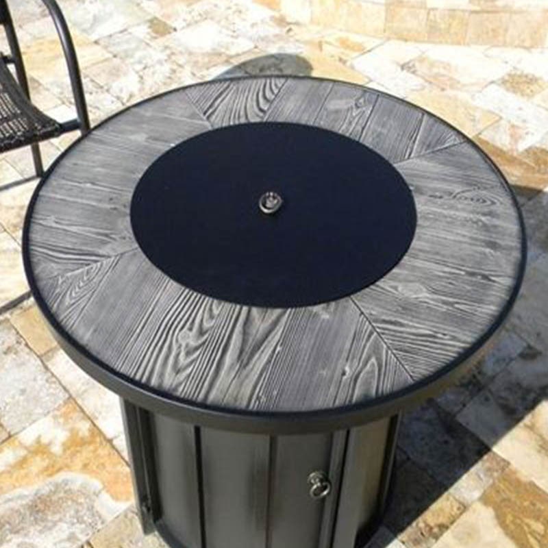 Wood Look Tile Top Fire Pit  40,000 BTU's 30" Round Tile table top 16" Round burner 25" in height Fire glass included Easy access propane tank Operates on 20lb propane tank