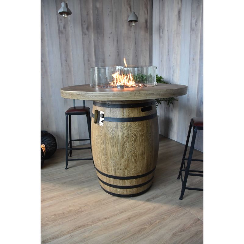 Wine barrel-inspired fire pit with natural wood look